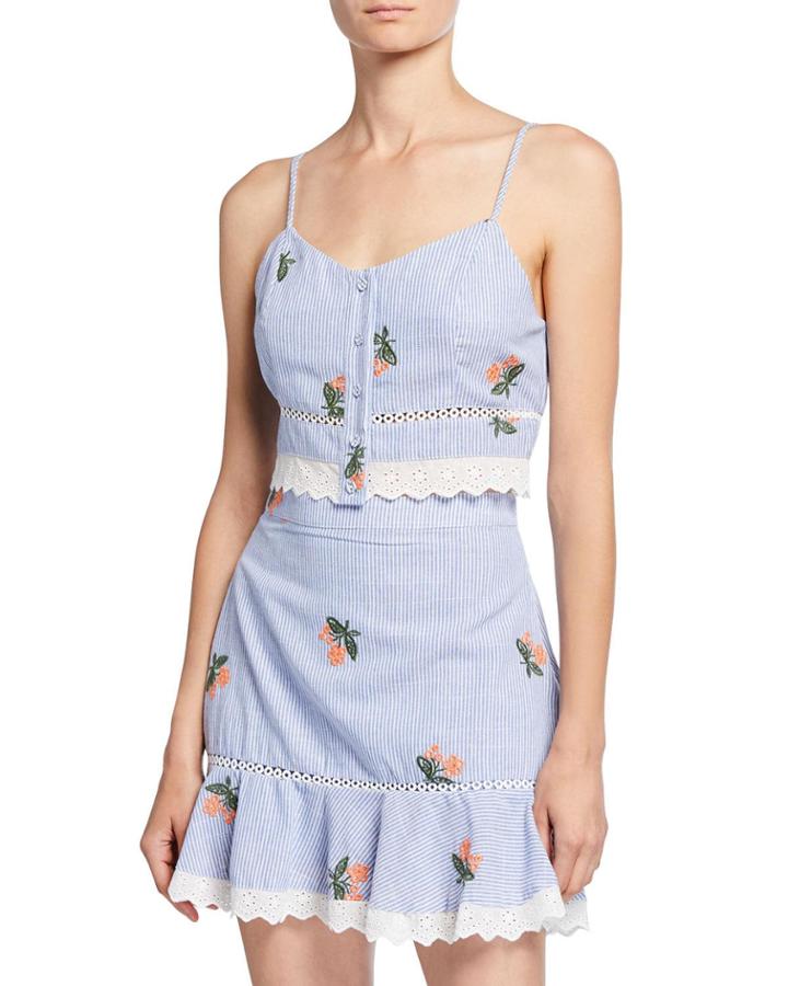 Striped Button-front Crop Top With Embroidery