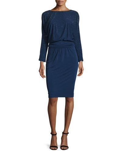 Sequined Long-sleeve Blouson Dress, Ink