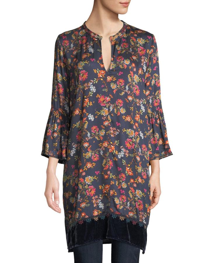 Flare-sleeve Floral-print Tunic W/ Velvet Trim