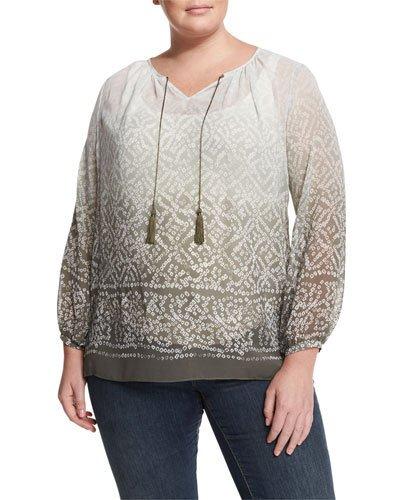 Ombre Mosaic-print Tie-neck Blouse, Olive Earth,