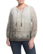 Ombre Mosaic-print Tie-neck Blouse, Olive Earth,