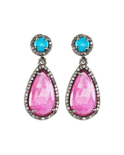 Diamond, Turquoise & Glass Composite Ruby Teardrop Earrings