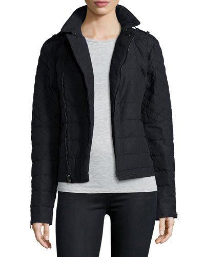 Asymmetric Quilted Conquest Carly Moto Jacket, Black