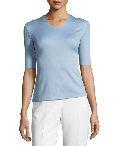 Half-sleeve Framed V-neck Top, Blue