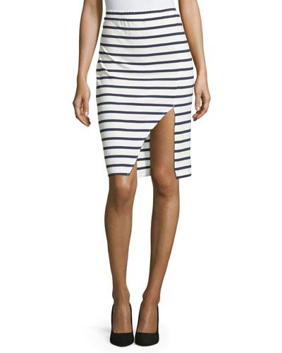 Striped Split-front Pencil Skirt, White/navy