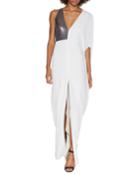 Asymmetric-sleeve Metallic-panel Evening Gown