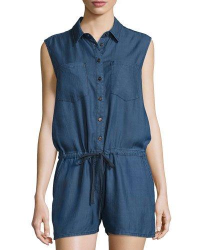 Destiny Chambray Drawstring Short Jumpsuit, Navy