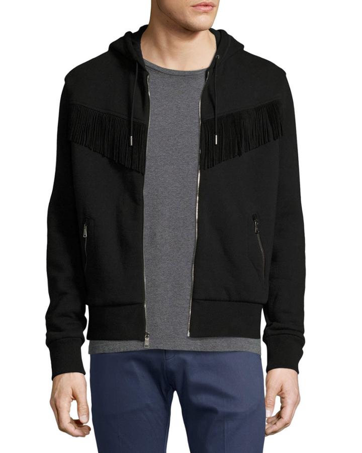 Western Zip-front Hoodie With Suede Fringe, Black