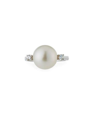 18k White Gold Pearl & 2-diamond Ring,