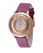 Venus Round Watch W/ Floating Red Topaz & Leather Strap, Rose Golden