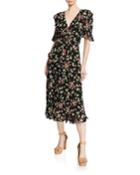 Floral-print V-neck Short-sleeve Cutout Dress