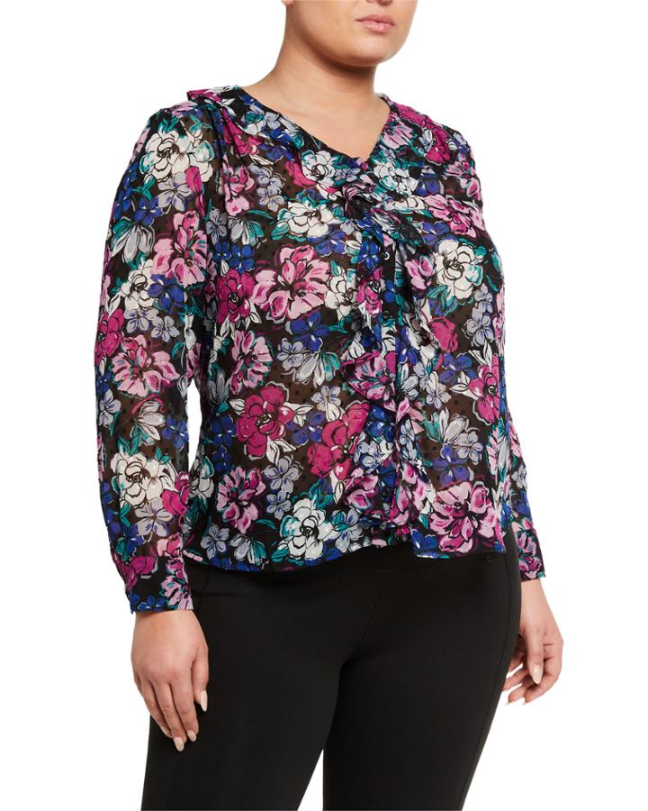 Plus Size Georgette Long-sleeve Printed Blouse