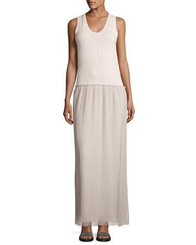 Pleated-skirt Long Dress, Gray/brown