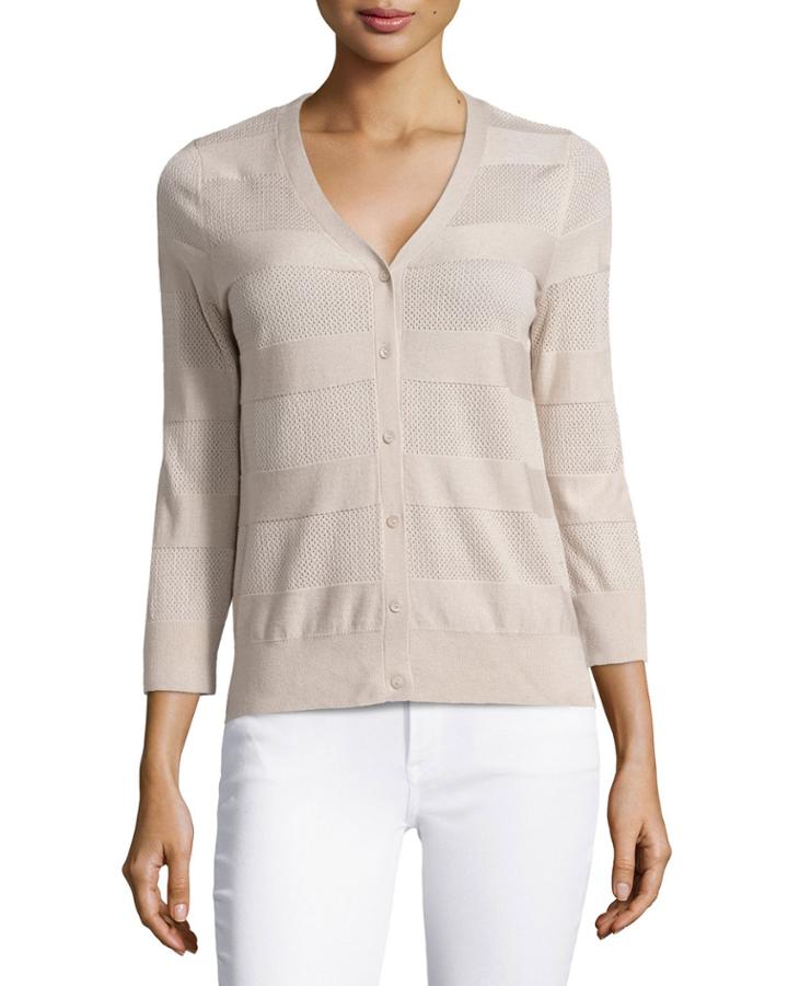 Neiman Marcus Cashmere Collection Pique Striped Cashmere Cardigan, Women's, Size: X-small,