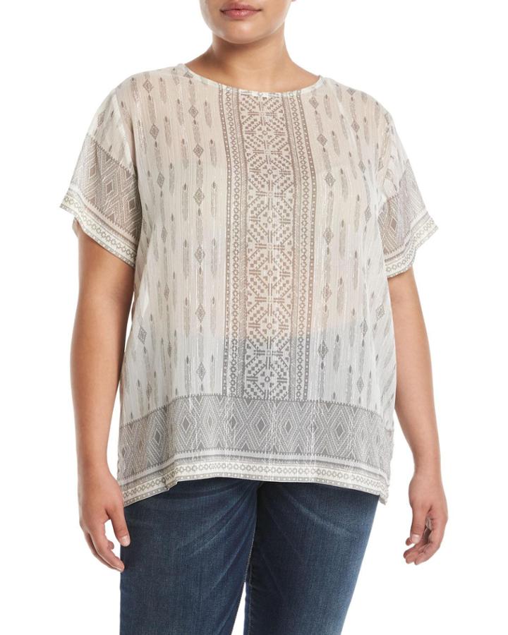Ikat-stripe Semisheer Drop-shoulder Blouse,