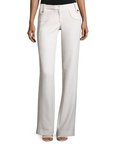 Button-tab Slim Flared Trousers, White