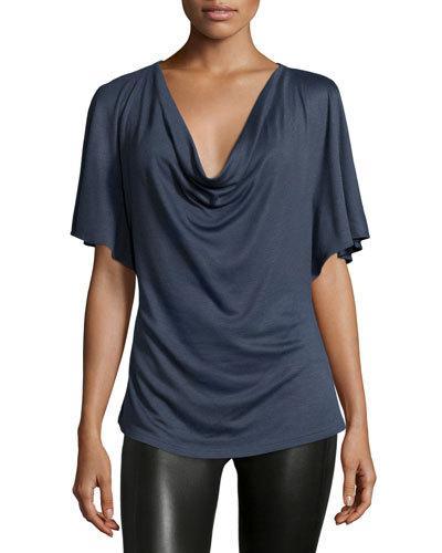 Flutter-sleeve Cowl-neck Top, Ebony