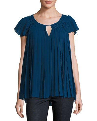 Pleated Cap-sleeve Georgette Blouse, Blue
