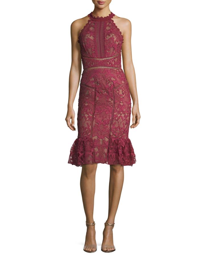 Lace Ruffle-hem Halter Cocktail Dress