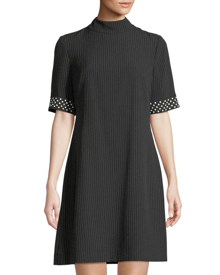 Pin Striped Sheath Dress With Pearl