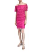 Seaway Zigzag Eyelash Lace Off-the-shoulder Short-sleeve Dress