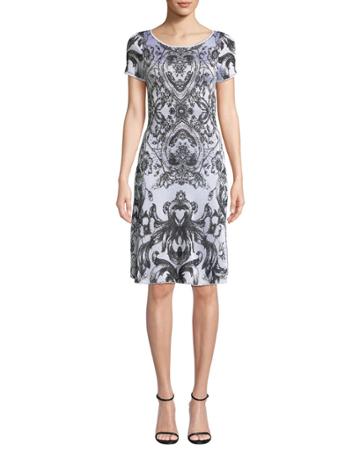 Cap-sleeve Damask-print Cocktail Dress