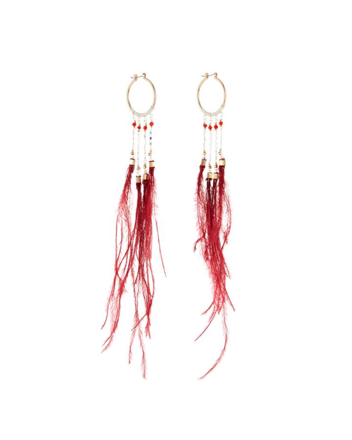 Long Feather Dangle Hoop Earrings, Burgundy