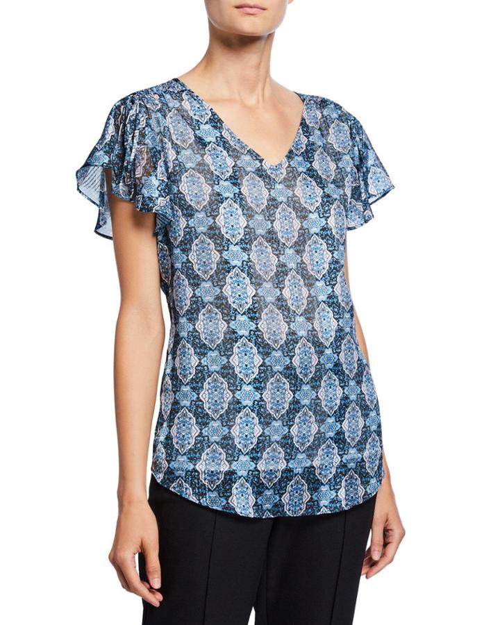 Ornate Medallion Print Short-sleeve V-neck Tie-shoulder Top
