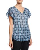 Ornate Medallion Print Short-sleeve V-neck Tie-shoulder Top
