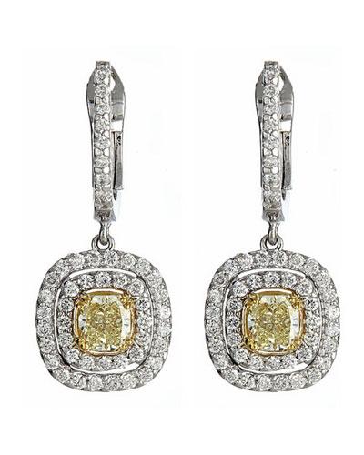 Double-halo Yellow Diamond Drop Earrings,