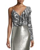 Floral-print Silk Asymmetric Ruffle Blouse, Black