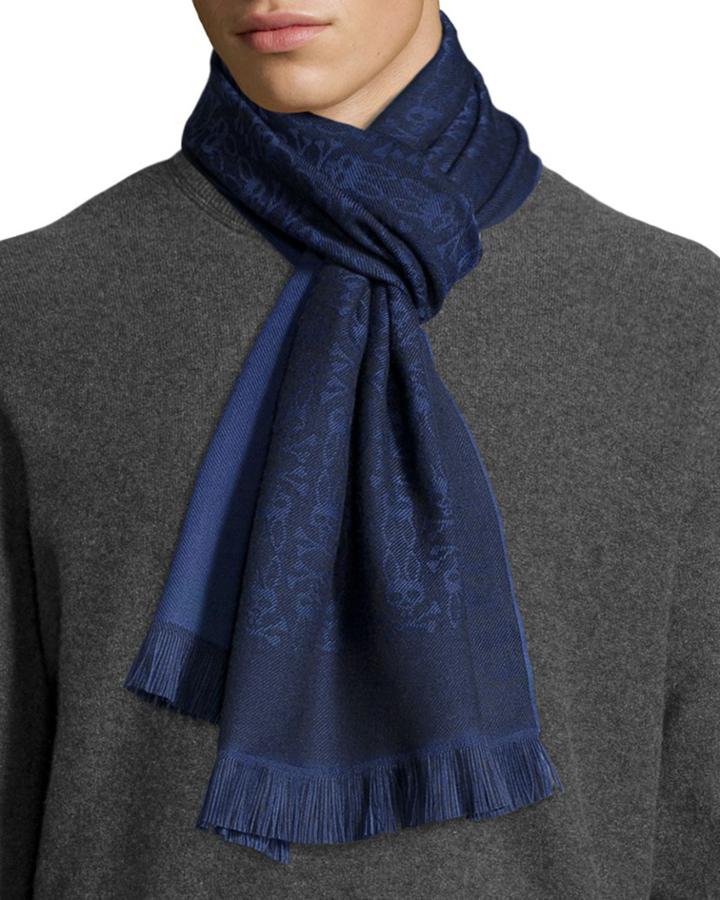 Psycho Bunny Regiment Bunny Fringe Wool Scarf, Navy,
