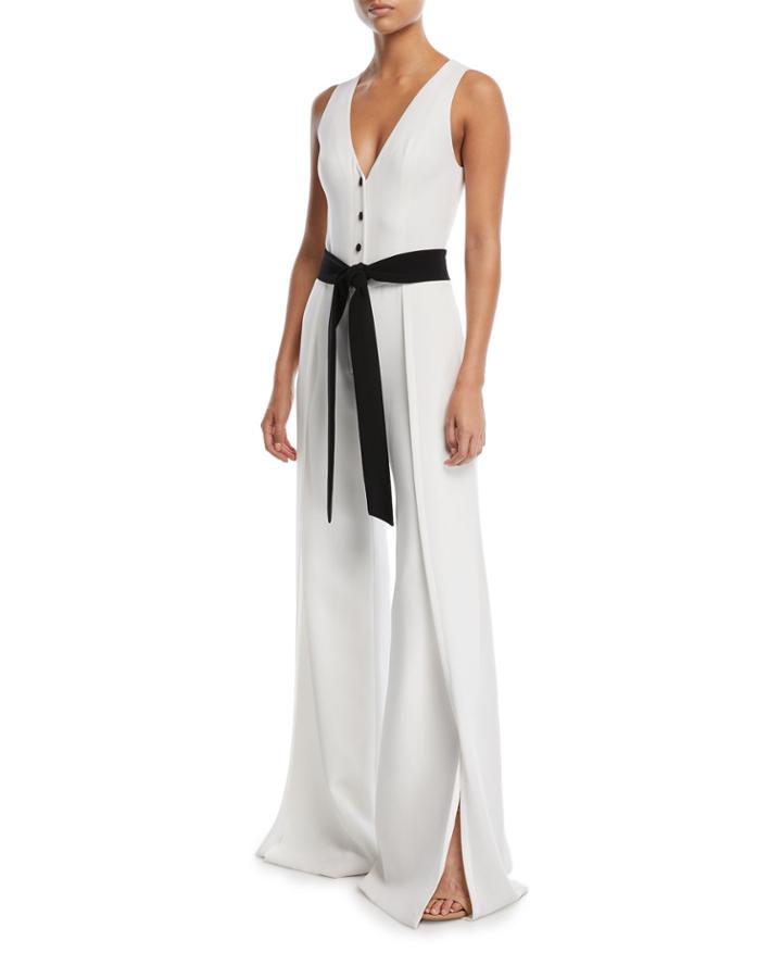Moe V-neck Button-front Sleeveless Wide-leg Crepe Jumpsuit
