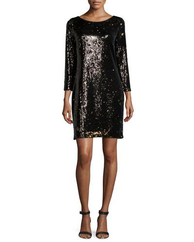 Long-sleeve Embellished Shift Dress, Gunmetal/bronze
