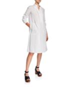 Button-front Long-sleeve Linen Shirtdress W/ Pintuck Front