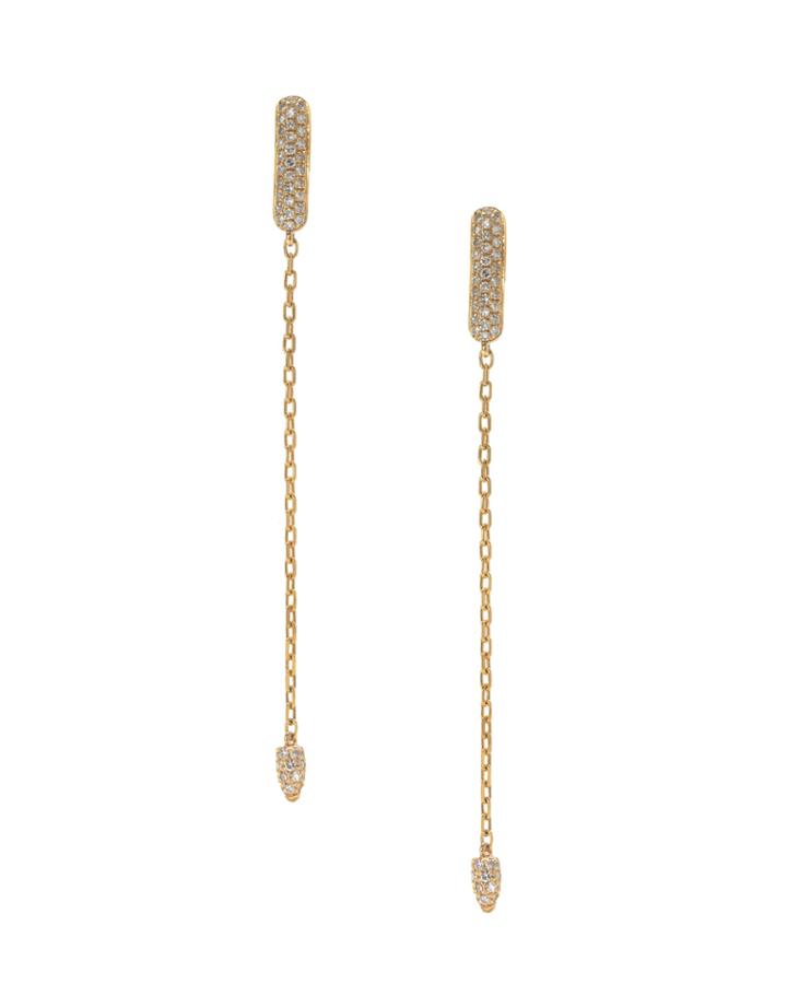 14k Yellow Gold Dangle Earrings W/ Chain & White Diamond Pave