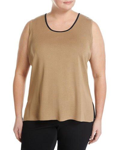 Long Contrast-neck Knit Tank Top, Camel,