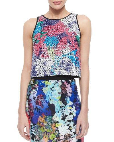 Floral-print Paillette Crop Top