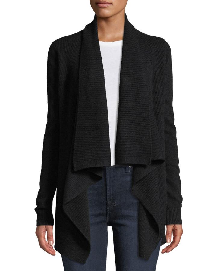 Cashmere Ribbed-trim Drape-front Cardigan, Black