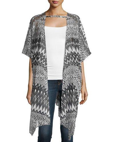 Printed Sheer Open-front Cardigan, Black/white