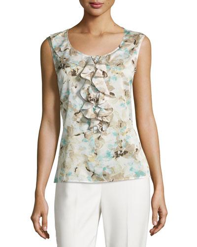 Floral-print Silk-blend Ruffle Tank, Cyan Blue