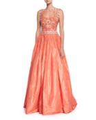 High-neck Sleeveless Beaded-bodice Evening Gown