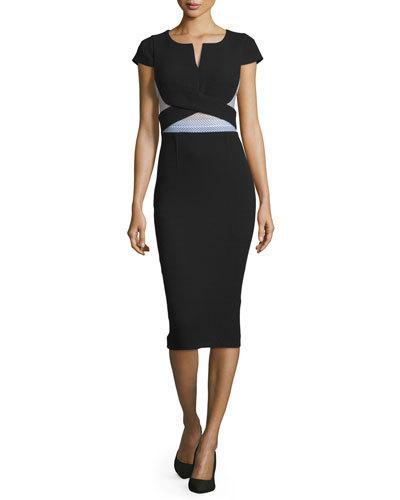 Contrast-waist Cap-sleeve Midi Dress, Black