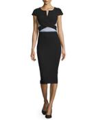 Contrast-waist Cap-sleeve Midi Dress, Black
