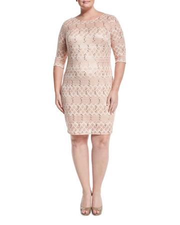 3/4-sleeve Sequined Lace Sheath Dress, Cameo Rose,