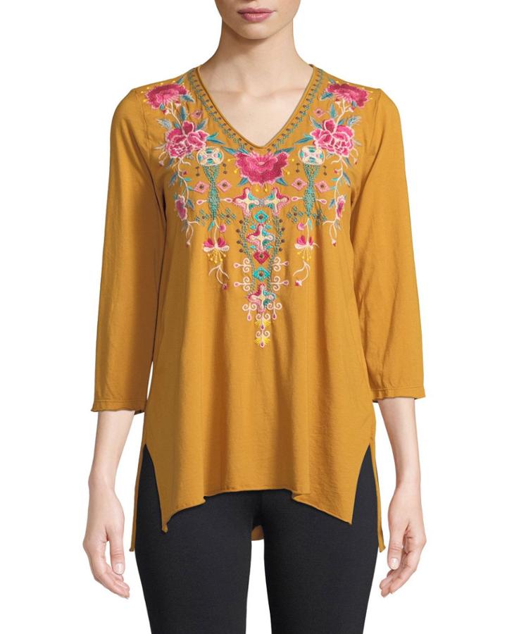 Peta Floral-embroidered Cotton Tunic Top