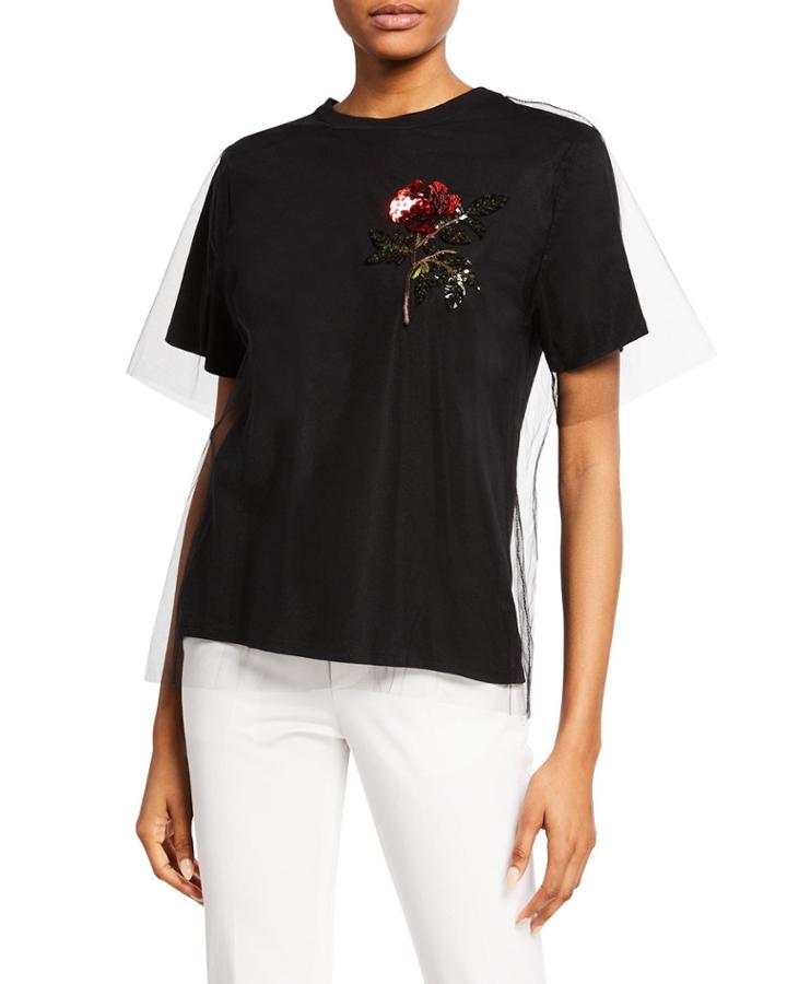 Crewneck Short-sleeve Tulle Overlay Cotton Tee W/