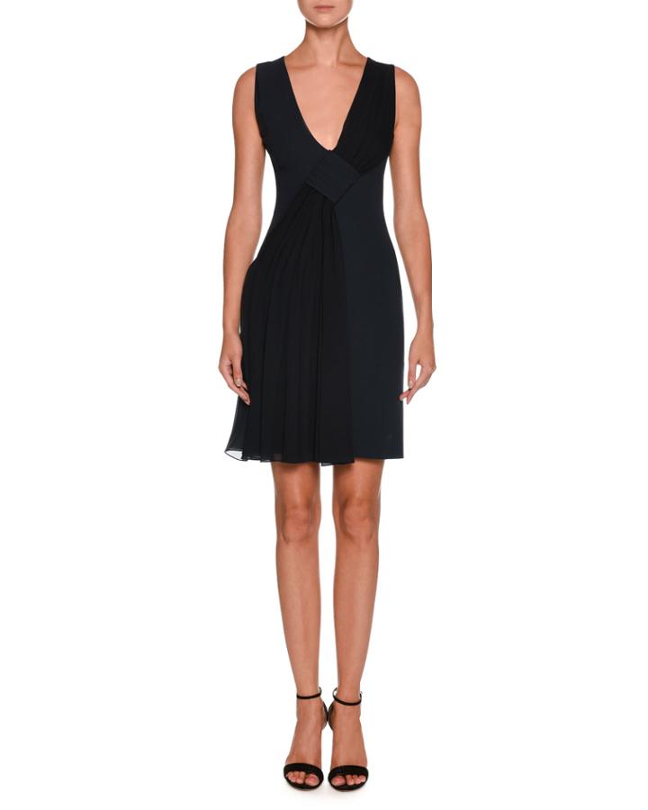 V-neck Sleeveless Crepe Short Dress W/ Chiffon Ruching