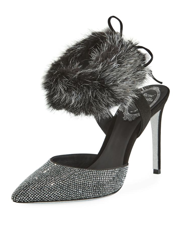 Mink-trim Crystal 100mm Pump, Black