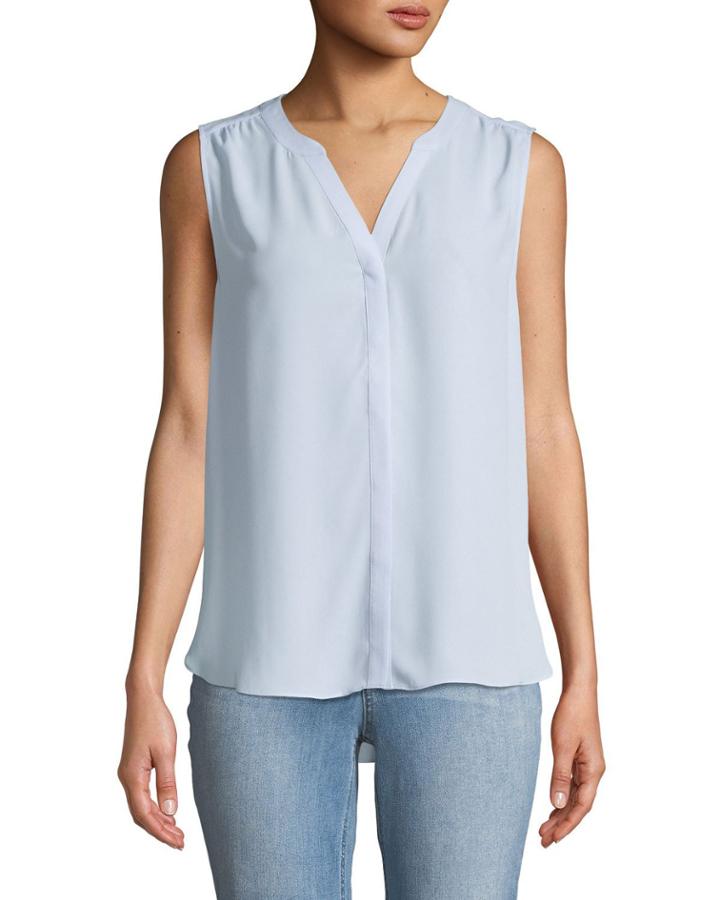 Sleeveless Button-front Pintuck-back Blouse